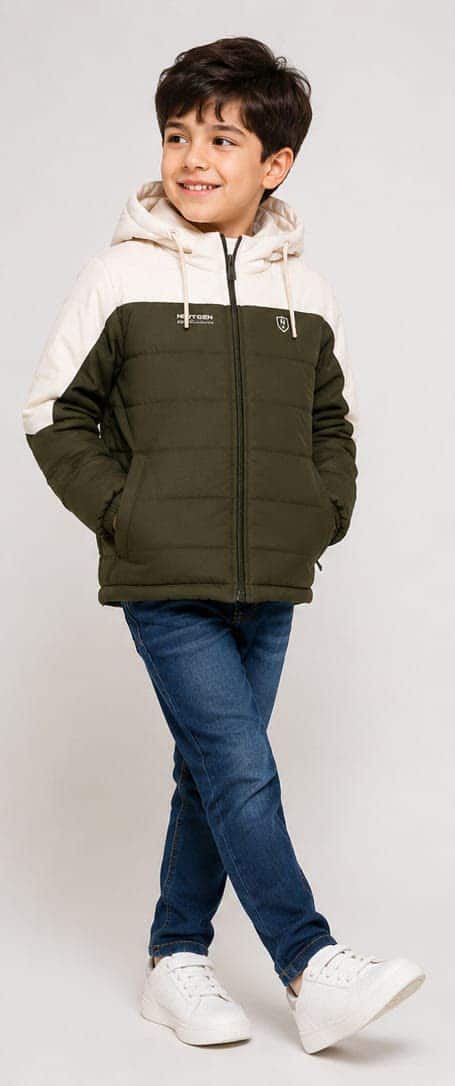 A boy in an olive and cream hooded puffer jacket, worn with jeans