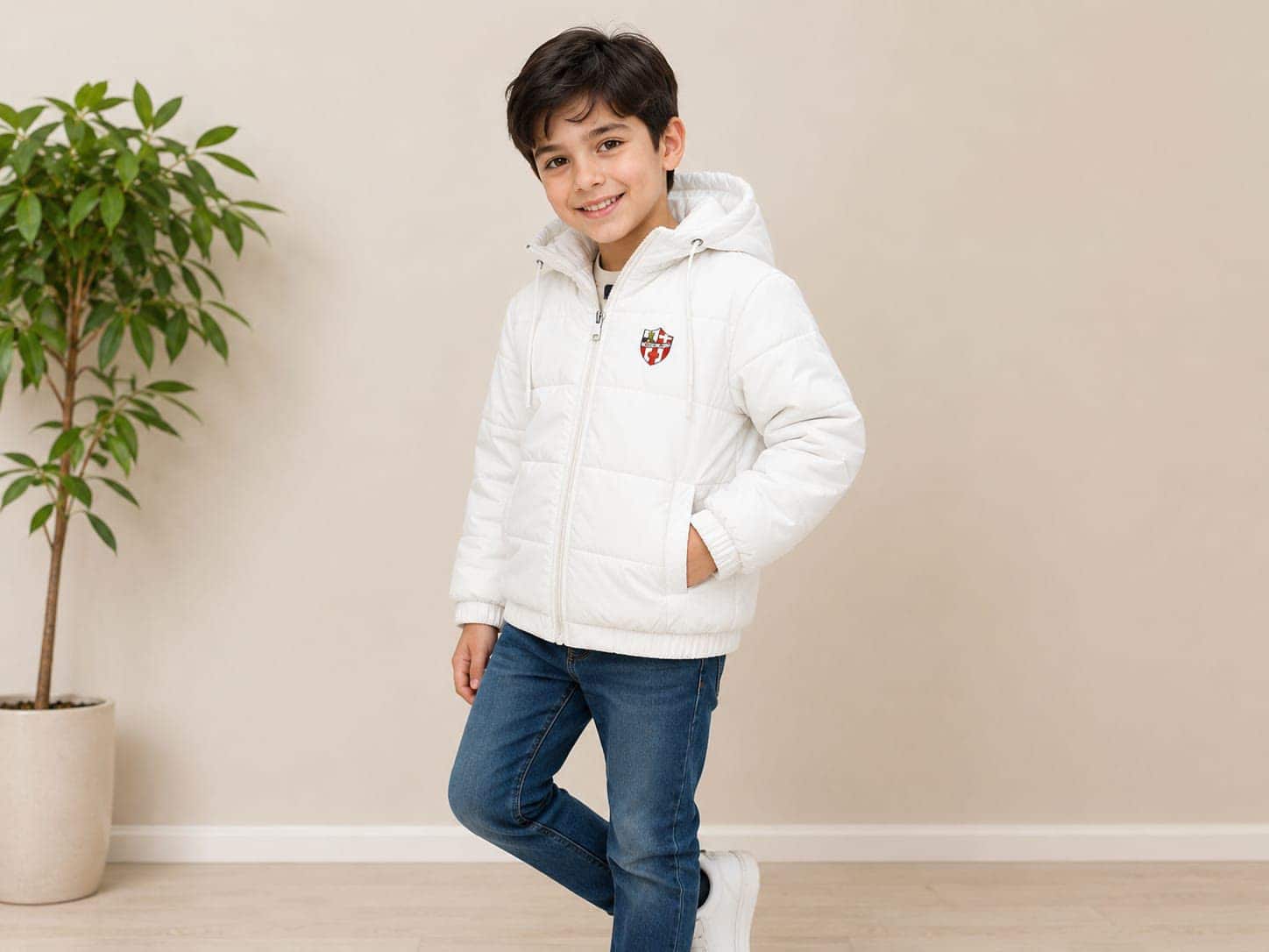 A boy in a white hooded puffer jacket with a small embroidered crest