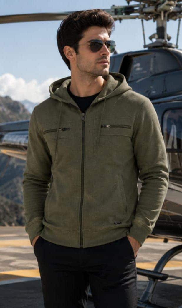A men's olive hooded fleece with a full zip and chest pockets
