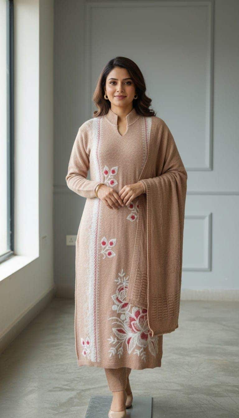 A beige woollen kurti set worn with a matching draped shawl