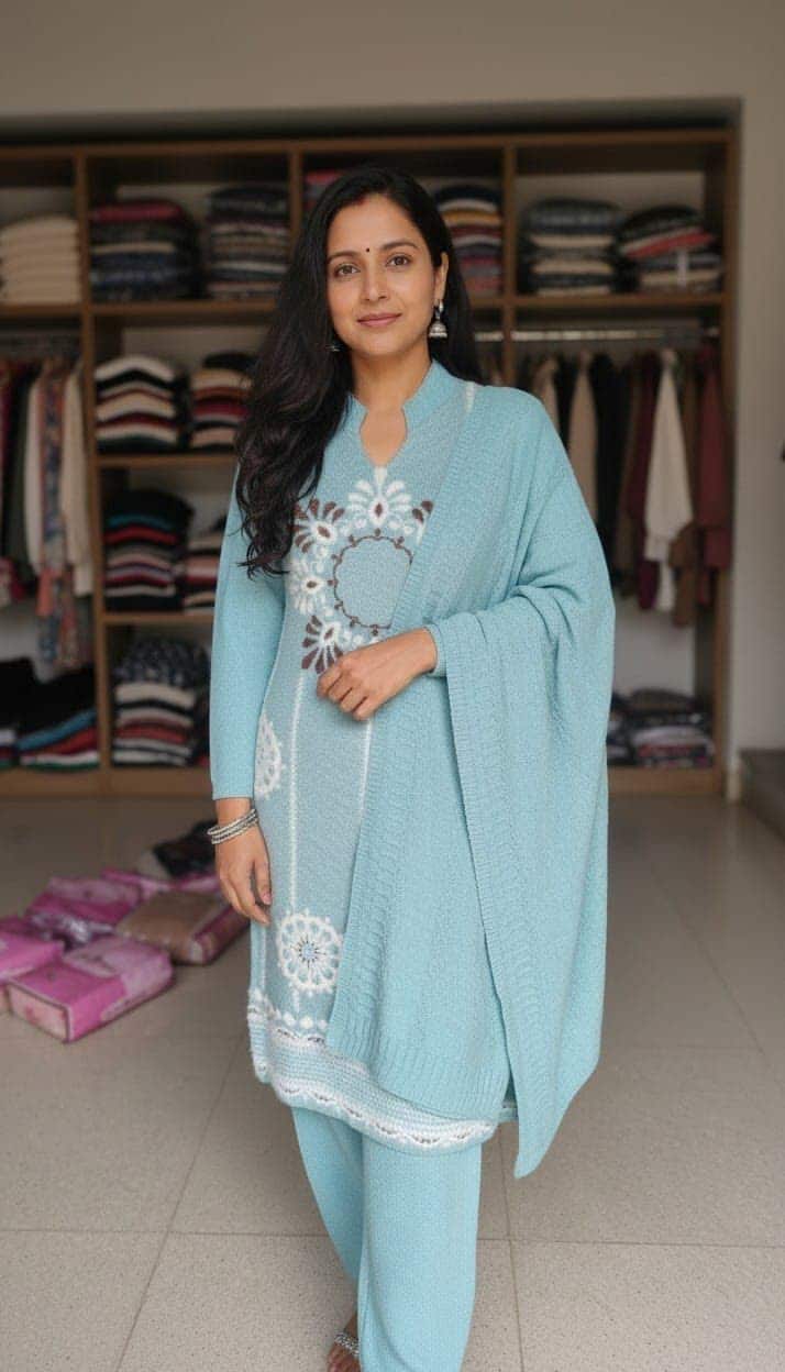 A powder blue knitted kurti set with a matching shawl, in front of shelves of folded knitwear
