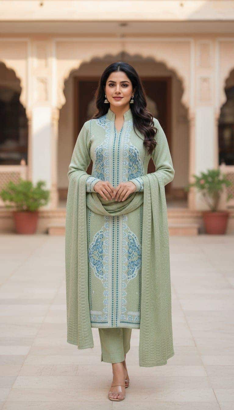 A sage green woollen kurti set with a draped dupatta, photographed in a courtyard
