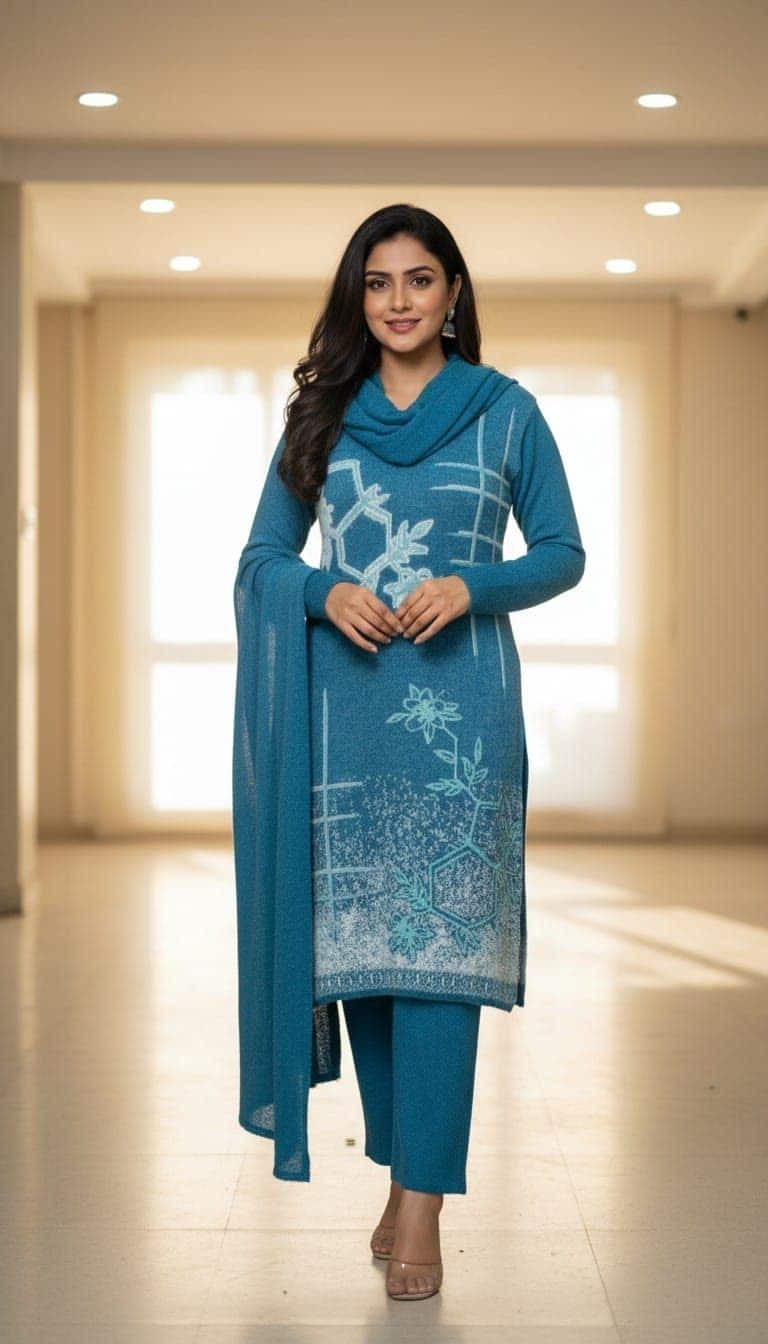 A teal knitted kurti set with a matching dupatta and printed panel